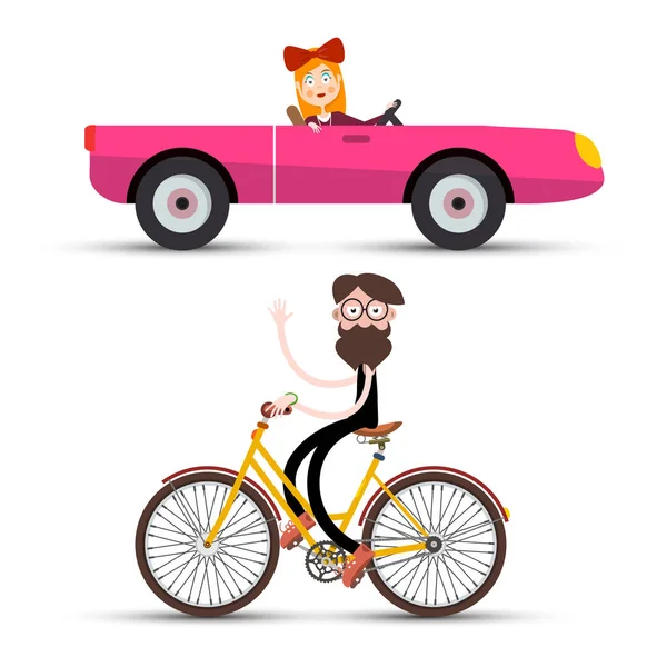 Женщина Розовом Кабриолете Мак Велосипеде Векторная Иллюстрация — стоковый вектор