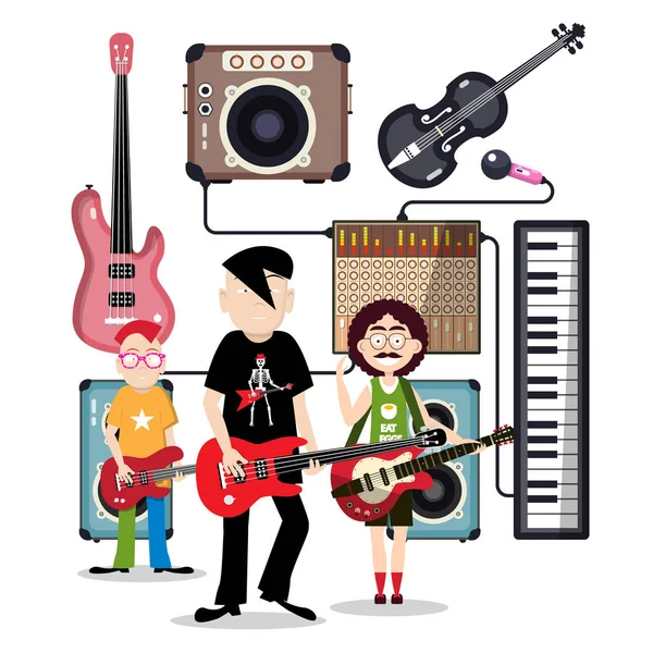 Banda Música Estúdio Gravação Com Instrumentos Vector Ilustração — Vetor de Stock