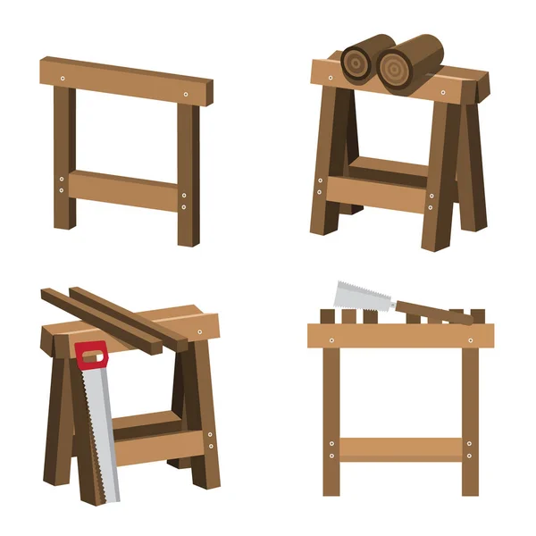 Sawhorses Para Carpinteiros Joiners Com Madeira Serras Viu Trestle Sawhorse — Vetor de Stock