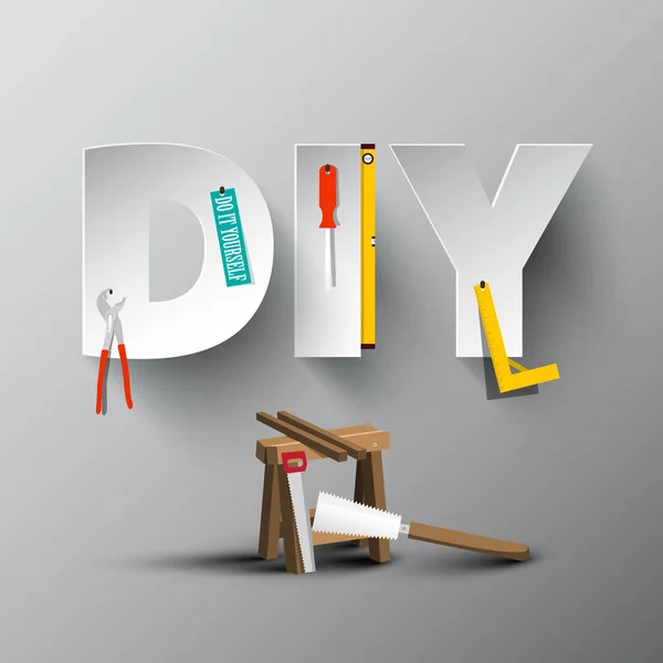 Diy Yourself Papiergeschnittene Buchstaben Mit Werkzeug Und Sägepferd Vektor Schreinerei — Stockvektor
