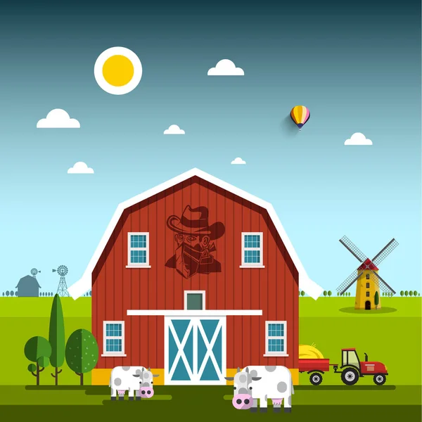 与牛仔在谷仓的农村场景 农场与牛和风车向量例证 — 图库矢量图片