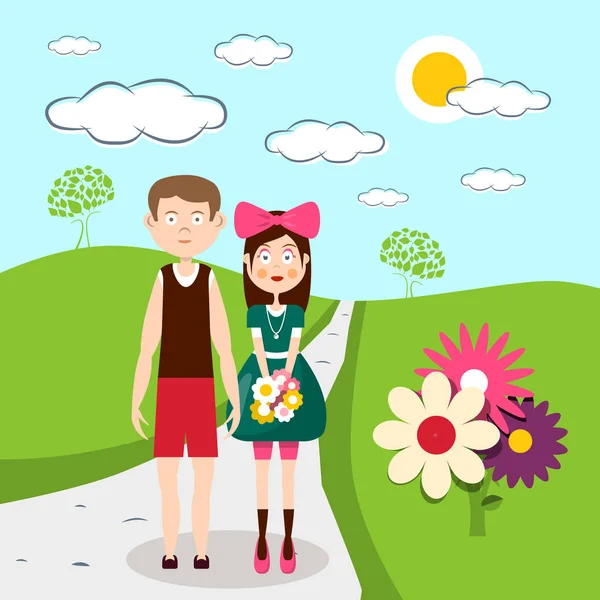 Junge Und Mädchen Mann Und Frau Auf Einer Blumenwiese — Stockvektor