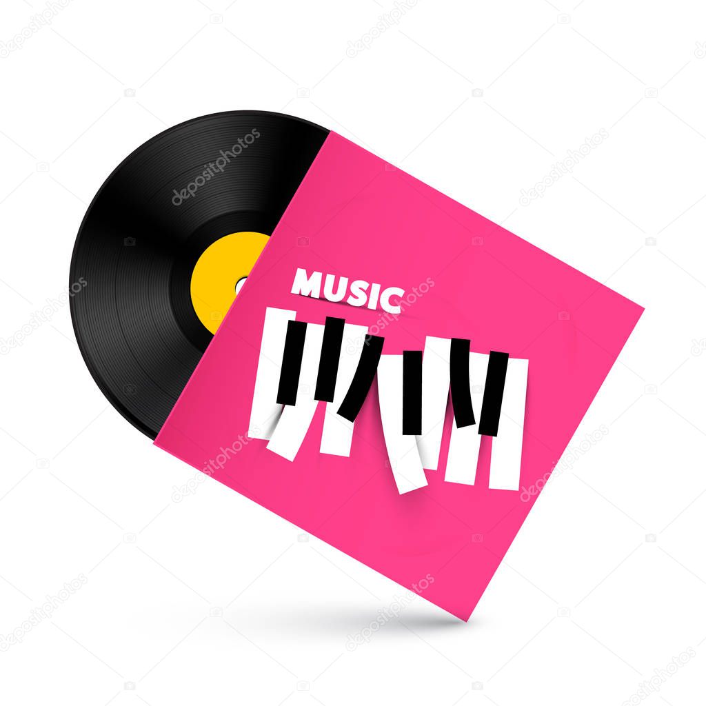 LP Vinyl Record with Music Symbol on Paper Cover. Retro Vector Object with Piano Keyboard Design.