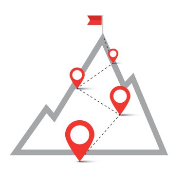 Rota pimleri ile tepede. Bayrak dağın zirvesinde. Vektör Gezinti simgesi. İş başarı kavramı.