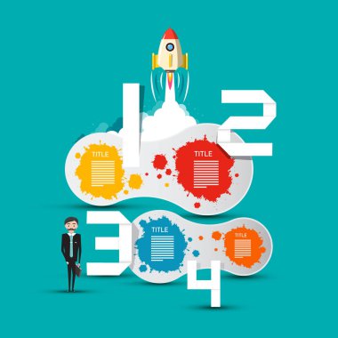 Roket ve Infographic elemanları iş kavramı. İşadamı ile dört adım Infographics tasarım vektör.