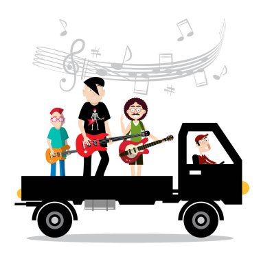 Van üzerinde müzik grubuyla sürücü vektör çizim Isolted beyaz arka plan üzerinde