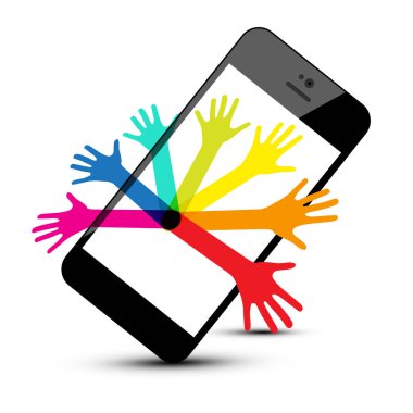 Beyaz arka plan üzerinde izole telefon renkli ellerinde. Vektör sosyal medya simge.