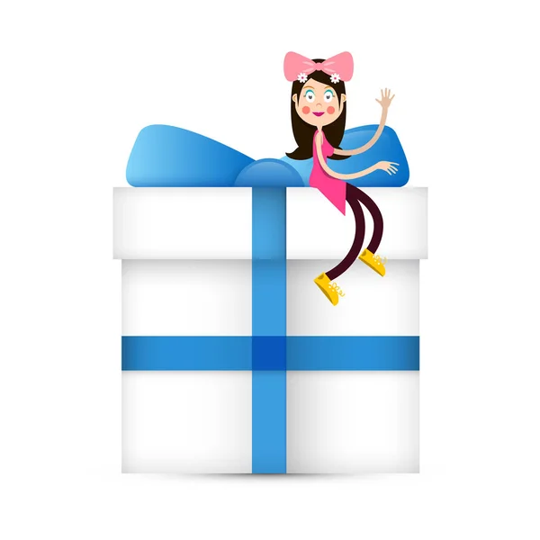 Girl Pink Dress Sitting White Paper Gift Box Blue Ribbon — Stock Vector