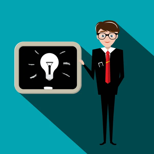 黒板に電球を持つ男 教師やビジネスマンのベクトルのフラットなデザイン イラスト アイデア コンセプト — ストックベクタ