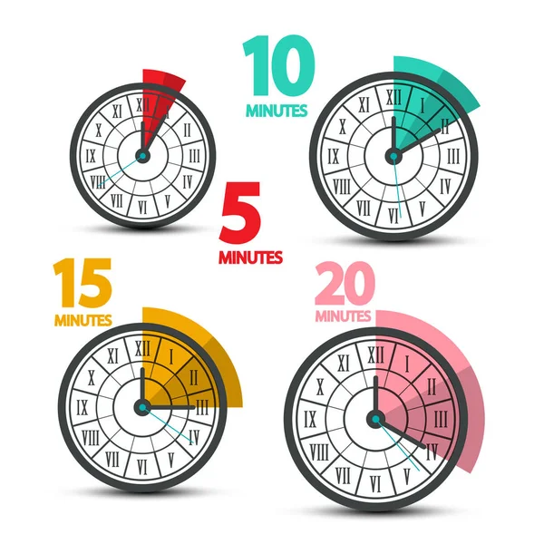 Horloge Visages Icônes Avec Cinq Dix Quinze Vingt Minutes Symboles — Image vectorielle