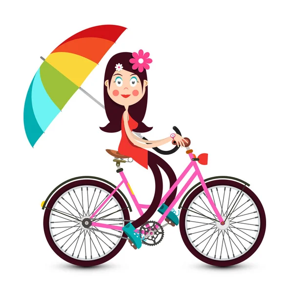 Vrouw Met Bloemen Haar Fiets Met Kleurrijke Parasol Witte Achtergrond — Stockvector