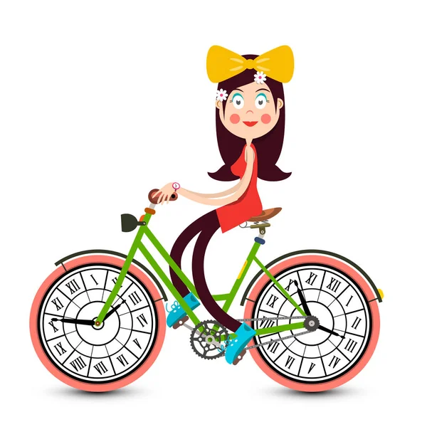 Chica Bonita Joven Bicicleta Con Caras Reloj Velocidad Distancia Vector — Vector de stock