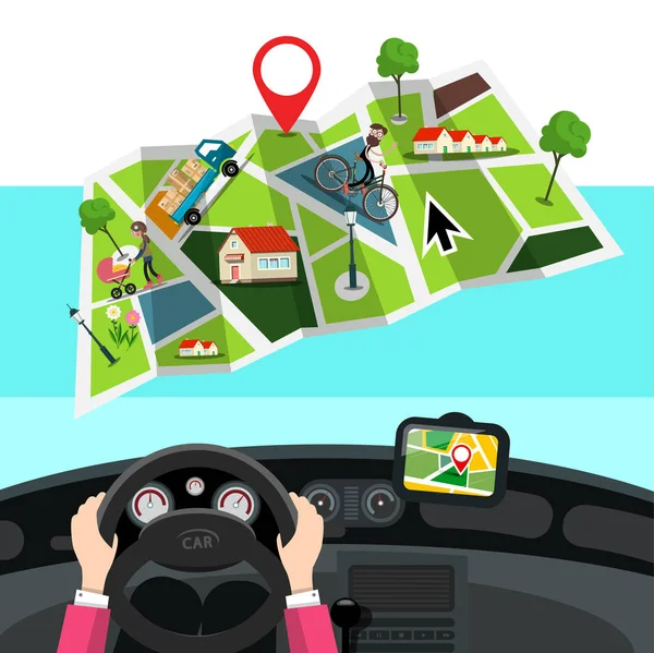 Şehir Haritası Arabada Direksiyon Ellerinde Vektör Gps Navigasyon Tasarımı — Stok Vektör