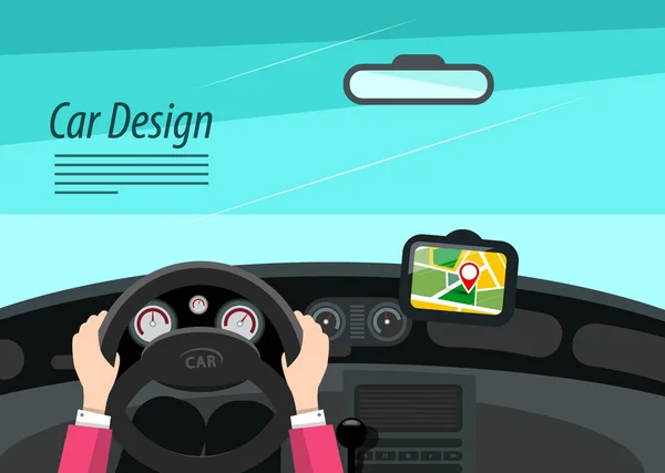 Car Interior Design Hands Steering Wheel Gps Navigation Vector — Stock Vector
