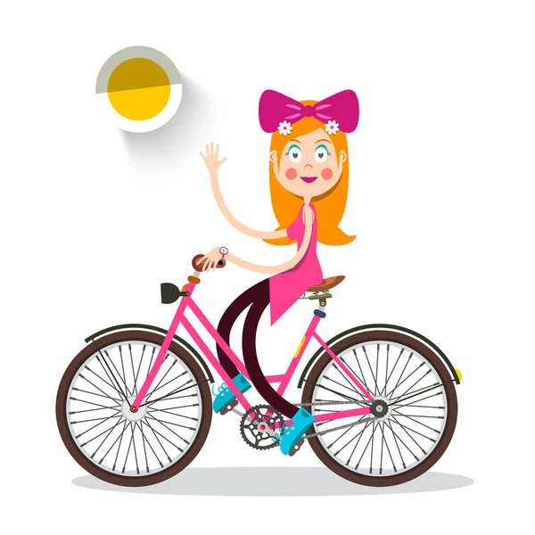 Милая Рыжая Женщина Велосипеде Счастливая Симпатичная Девочка Белом Фоне — стоковый вектор