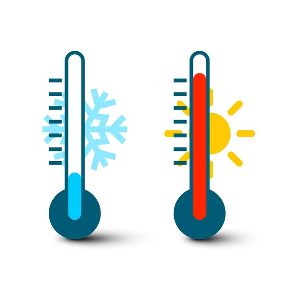 Icone Termometro Caldo Freddo Con Sole Fiocco Neve Estate Inverno — Vettoriale Stock