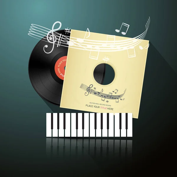 Retro Music Background Vinyl Record Paper Cover Notes Staff Piano — Stock Vector