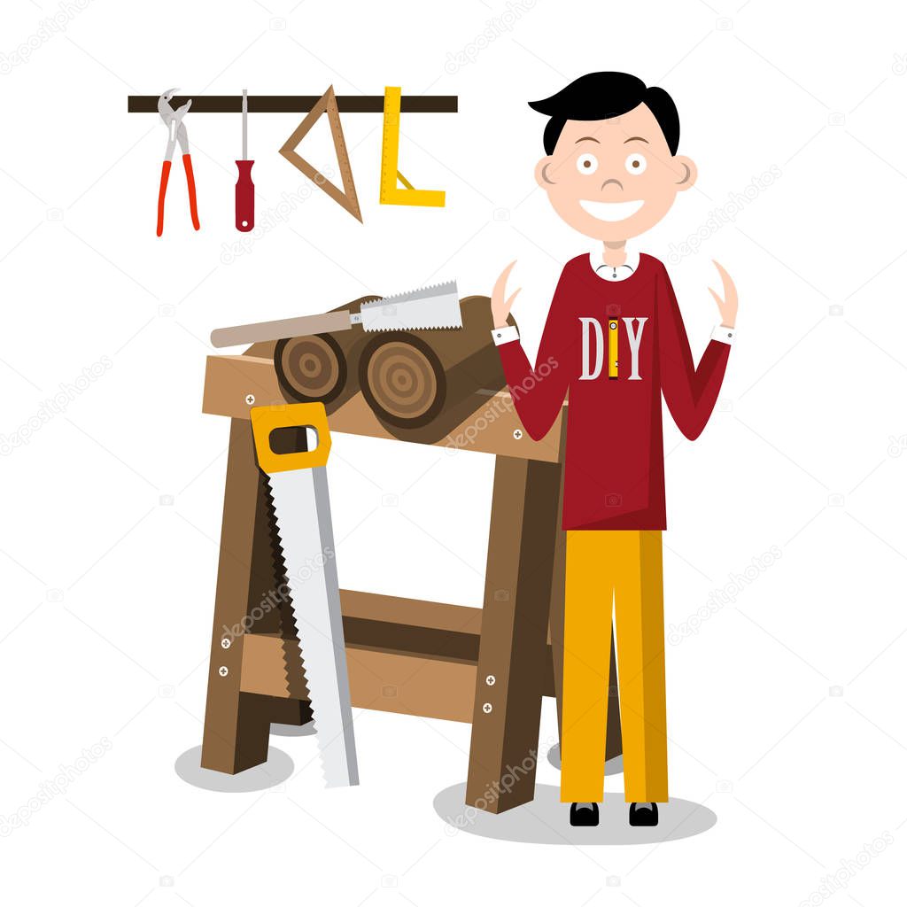 DIY Man with Working Tools and Sawhorse