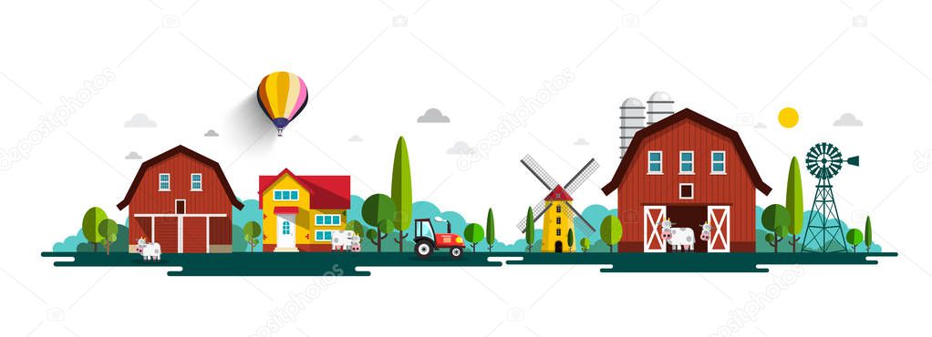 Rural Vector Landscape Panorama with Barn, Houses, Windmills and Tractor