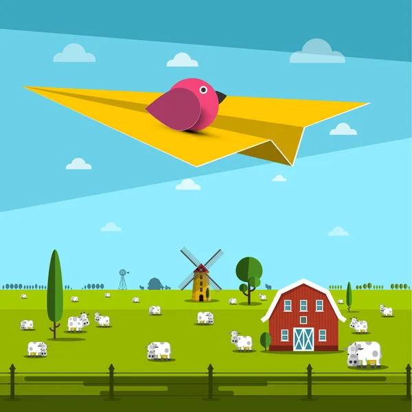 Bird Paper Plane Farm Field Background — Stock Vector