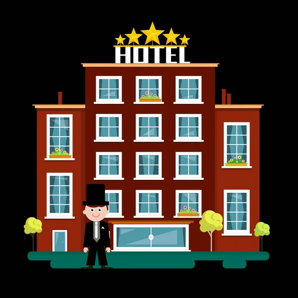 Illustrazione Vettoriale Dell Edificio Dell Hotel Notturno — Vettoriale Stock