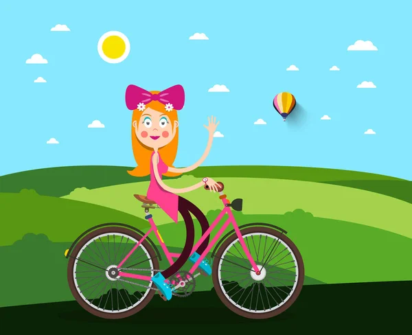 Femme Sur Vélo Avec Prairie Sur Fond — Image vectorielle