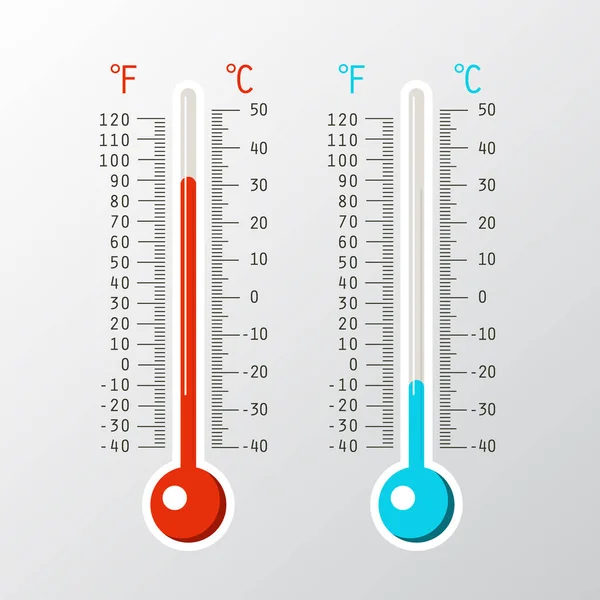 Векторные Термометрические Иконки Холодными Горячими Уровнями Шкале Цельсия Фаренгейта — стоковый вектор