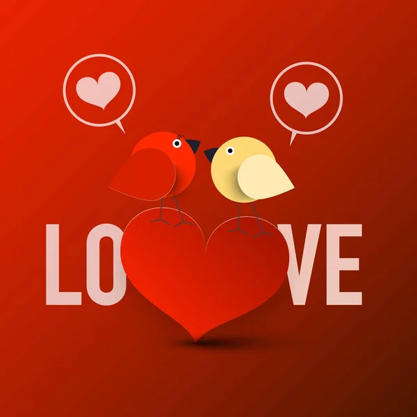 Liebessymbol Mit Herz Und Verliebten Vögeln Auf Rotem Hintergrund — Stockvektor