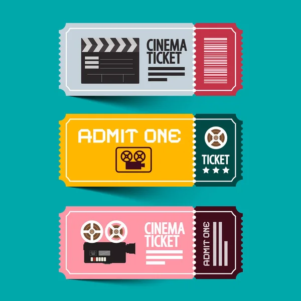 Conjunto Entradas Para Cine Admitir Ticket Vectorial Con Cámara Antigua — Vector de stock