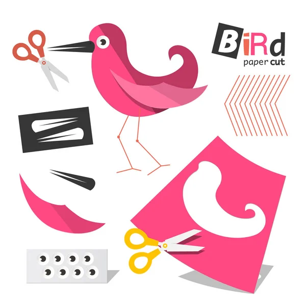 Paper Cut Pink Bird Parts Scissors Isolated White Background — Stock Vector