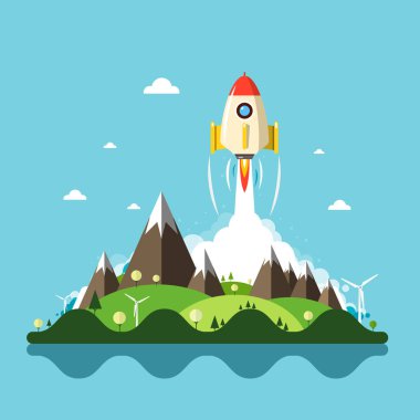 Roket fırlatma ile vektör manzara arka plan üzerinde