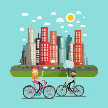 Şehir bisiklet ve gökdelenler kişilerle