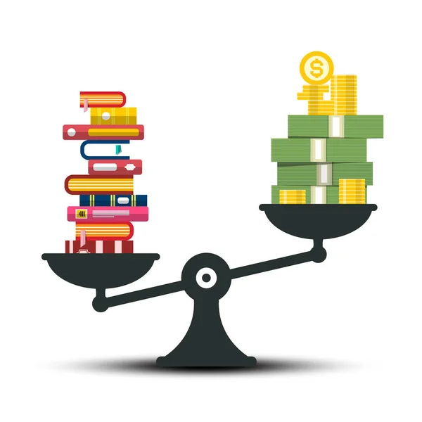 Conhecimento Comparação Entre Sabedoria Riqueza Livros Dinheiro Escalas Vector Ilustração — Vetor de Stock