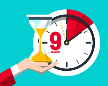 Dokuz 9 dakika simgesi mavi zemin üzerine kum saati ile saat. Vektör saat simgesini.