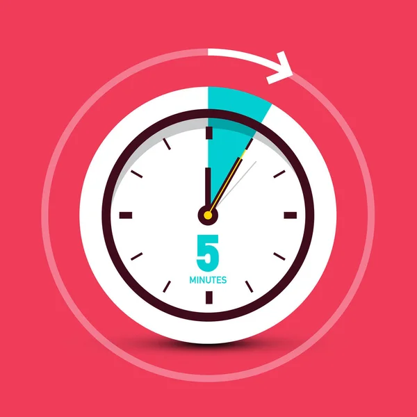 Cinco Minutos Reloj Vectorial Icono Con Flecha Sobre Fondo Rojo — Vector de stock