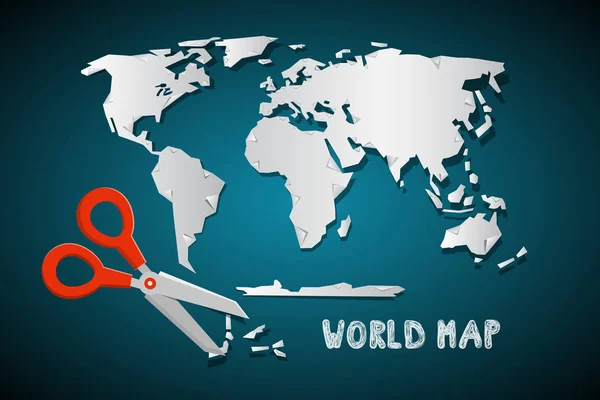 Världen Karta Med Sax Vektor Paper Cut Design — Stock vektor