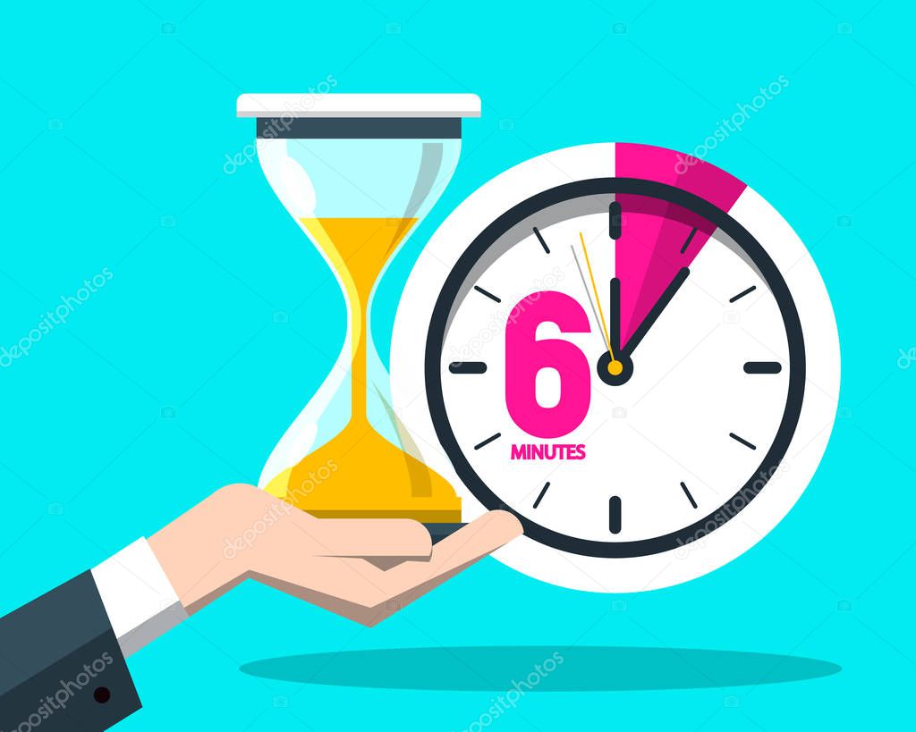 Six 6 Minutes Time Symbol. Vector Clock Icon with Hourglass.