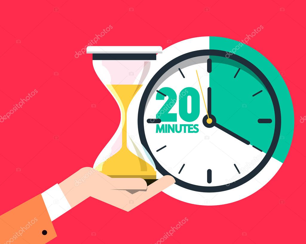 20 Twenty Minutes Timer. Sand Clock - Hourglass Vector Flat Design Icon.