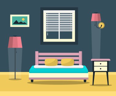 Otel odası - yatak, mobilya ve pencere ile iç. Düz yatak vektör tasarlamak.