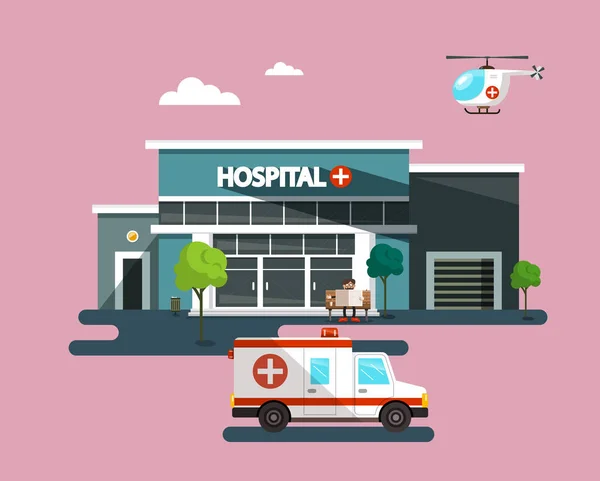 Sjukhusbyggnaden Med Ambulans Bil Platt Design Vektorillustration — Stock vektor