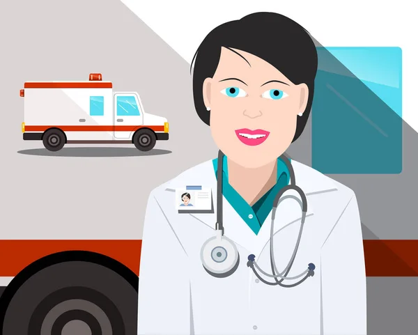 Médecin Femme Avec Voiture Ambulance Sur Fond Vectoriel Plat Illustration — Image vectorielle