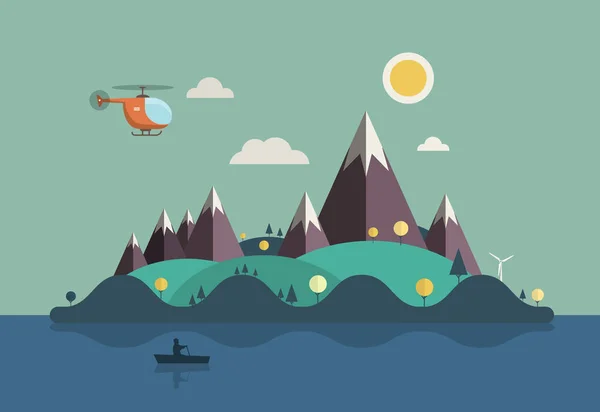 Paysage Avec Bateau Sur Océan Illustration Vector Flat Design Island — Image vectorielle