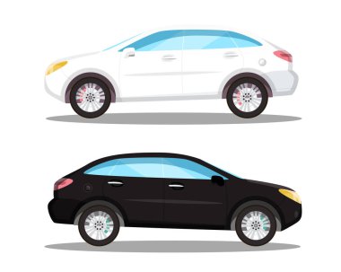 Beyaz arka plan üzerinde izole araba sembolü. Vektör otomatik simgesi. Siyah ve beyaz soyut arabalar ayarlayın. Otomobil simgeler.