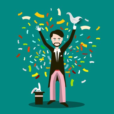 Yandan, tavşan şapka ve konfeti vektör düz tasarlamak'güvercin ile büyücü. İllüzyonist çizgi film.