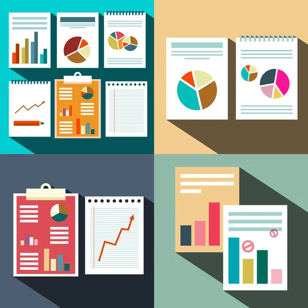 Flat Business Paper Data Report Background Graphs Documents Set Infographic — Stock Vector