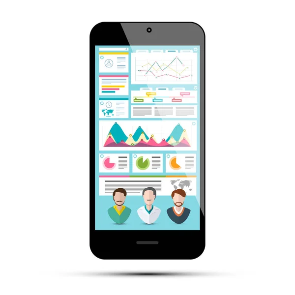 電話でビジネス アプリケーション 携帯電話の画面上のインフォ グラフィックのデータ グラフとアバター ベクトル アプリケーション — ストックベクタ