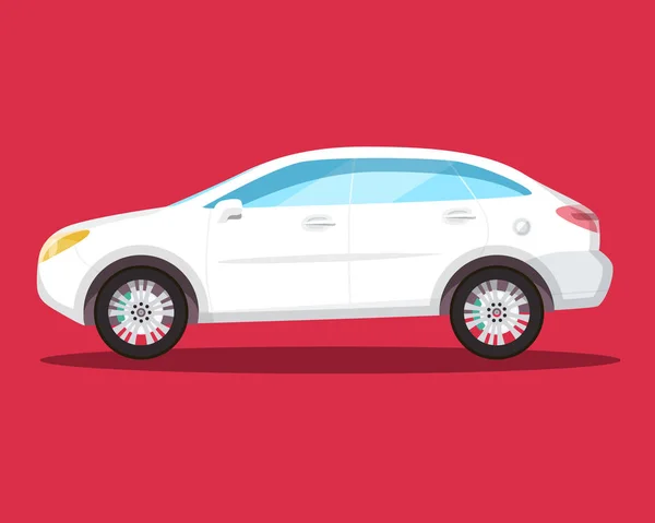Вид Сбоку Значок Белого Автомобиля Красном Фоне Векторный Плоский Автомобиль — стоковый вектор