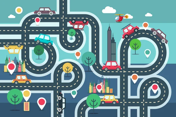 Mapa Del Centro Ciudad Con Pines Coches Carretera Vetor Flat — Vector de stock