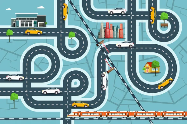 城市地图与汽车在道路上 顶部景观城市生活与铁路 街道和建筑物 矢量架空景观设计 — 图库矢量图片