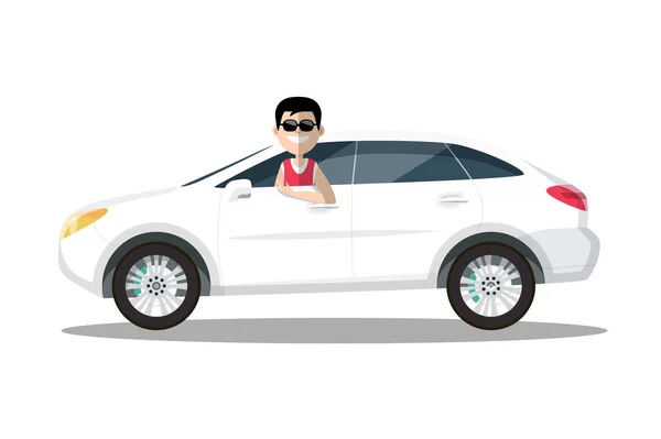 Улыбающийся Человек Солнцезащитных Очках Рулем Автомобиля Векторная Иллюстрация Изолирована Белом — стоковый вектор